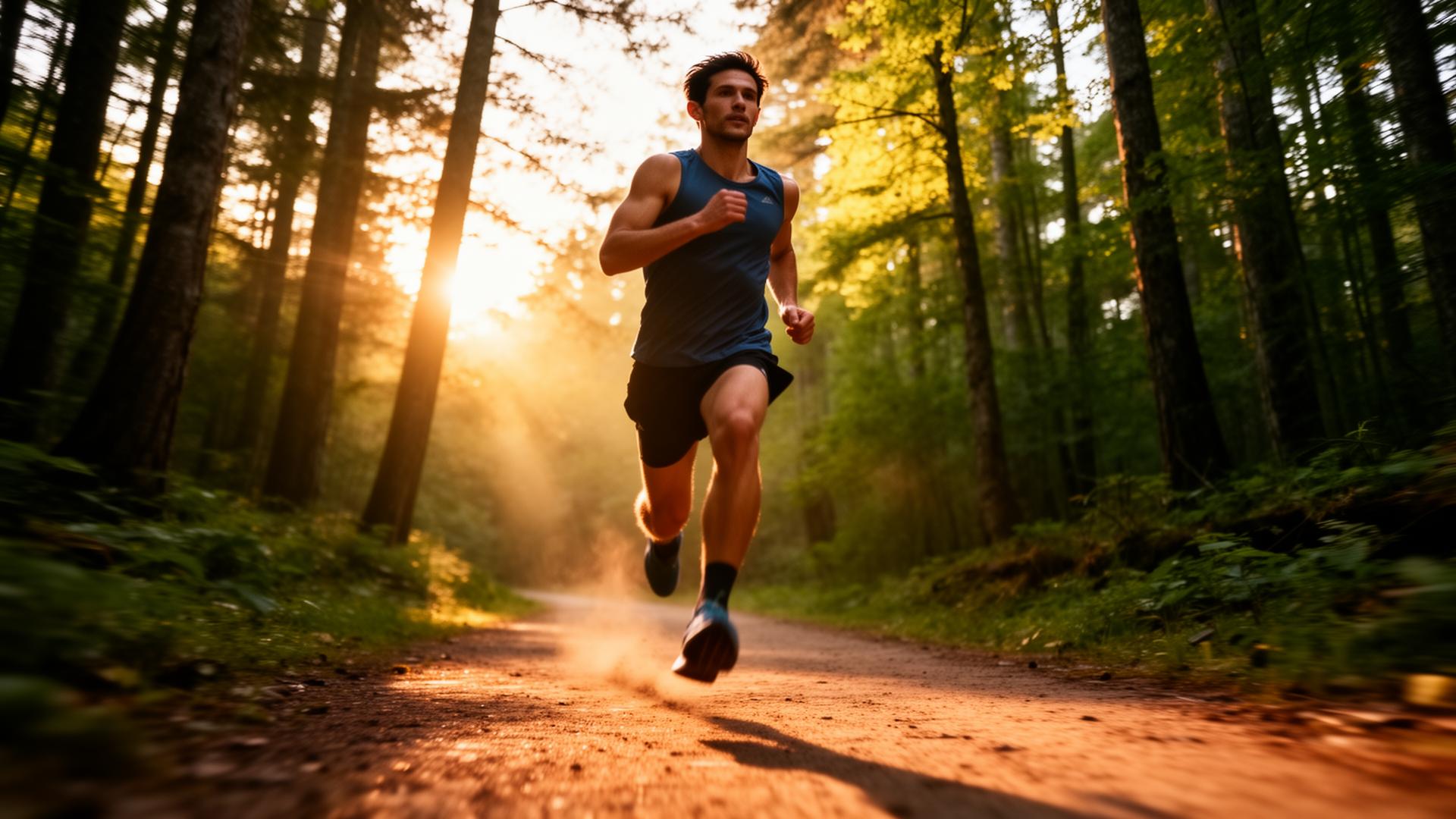 Runner on a forest trail at golden hour